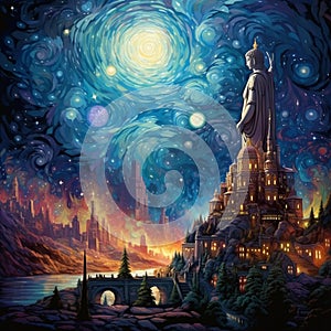 Karma and Cosmos - Starry Night with a Religious Monument in the Forefront