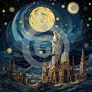 Karma and Cosmos - Starry Night with a Religious Monument in the Forefront