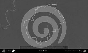 Karma District outlined, Belarus. Grayscale