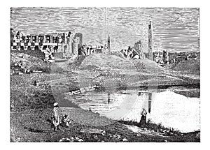 Karnak Egypt ruins of the great temple and obelisk, vintage engraving