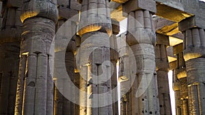 Karnak temple of Luxor architecture column detail close-up wiht uplight in evening