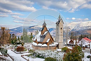 Karpacz, Poland. View of Wang Church Kosciol Wang in winter