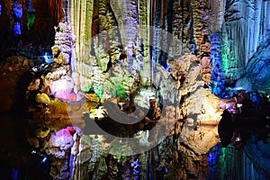 A Karst Cave With Colorful Light And Perfect Reflection On Still Water