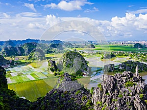 Karst formations and rice paddy fields in Tam Coc, Ninh Binh province, Vietnam