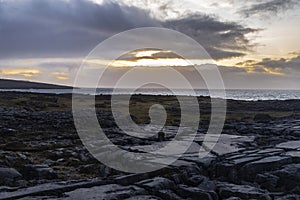 Karst landscape of the Burren at sunset, Ireland