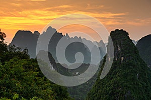 Karst mountain landscape on the Li River in Xingping, Guangxi Province, China