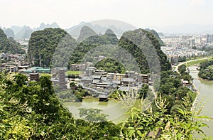 Karst Mountains and Mulong Pagoda in Guilin, China