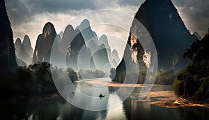 karst mountains and river in Yangshuo Guilin, China