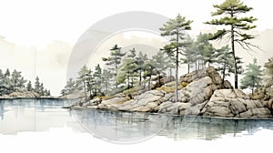 Karst Sketch: Watercolor Painting Of Forest, Water, And Rocky Shore