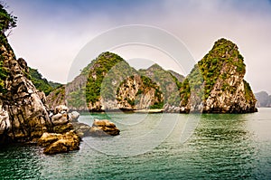 Karsts limestone mountain rocks above the sea in famous Ha Long Bay, Vietnam