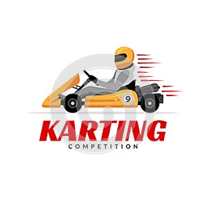 Kart driver sport logo icon. Karting racing isolated, Man drive kart in helmet background design