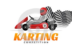 Kart driver sport logo icon. Karting racing isolated, Man drive kart in helmet background design