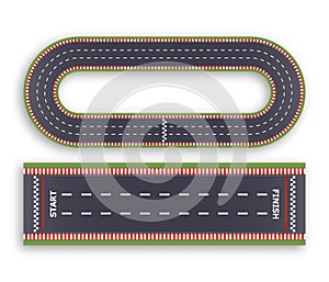 Kart race background. Top view. Line asphalt and circular track roads. Finish and start lines