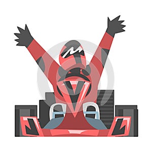 Kart Racing or Karting with Man Racer in Open Wheel Car Engaged in Motorsport Road Extreme Driving Vector Illustration