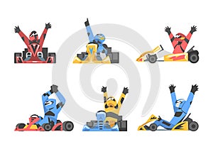 Kart Racing or Karting with Man Racer in Open Wheel Car Engaged in Motorsport Road Extreme Driving Vector Set