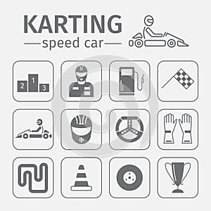 Kart racing, karting, motorsport, driver equipment. Thin line icon set.