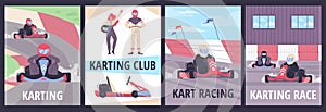 Kart racing posters set, flat vector illustration.