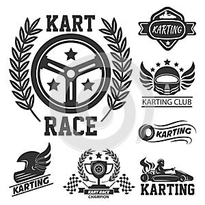 Karting club graphic logo set with kart race elements