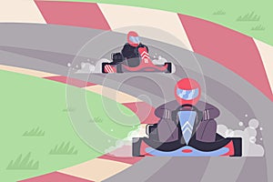 Karting competition or go-kart speed racing scenery flat vector illustration.