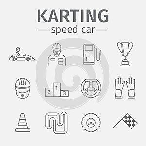 Karting flat icon set. Speed racing signs. Vector.
