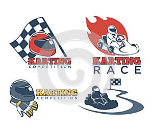 Karting races or kart club competition vector icons