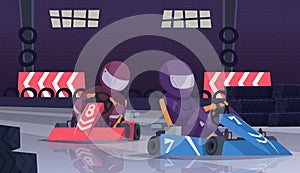 Karting sport competition. Racers in helmet in fast cars on speed track vector cartoon background