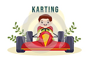 Karting Sport with little kids Racing Game Go Kart or Mini Car on Small Circuit Track in Flat Cartoon Hand Drawn Template