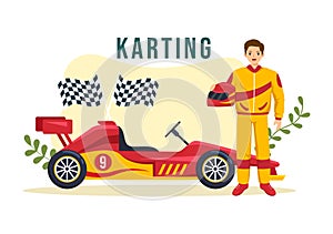 Karting Sport with Racing Game Go Kart or Mini Car on Small Circuit Track in Flat Cartoon Hand Drawn Template Illustration