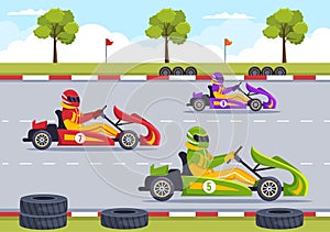 Karting Sport with Racing Game Go Kart or Mini Car on Small Circuit Track in Flat Cartoon Hand Drawn Template Illustration