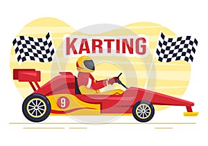 Karting Sport with Racing Game Go Kart or Mini Car on Small Circuit Track in Flat Cartoon Hand Drawn Template Illustration