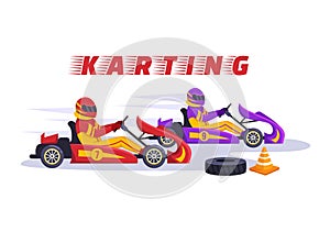 Karting Sport with Racing Game Go Kart or Mini Car on Small Circuit Track in Flat Cartoon Hand Drawn Template Illustration