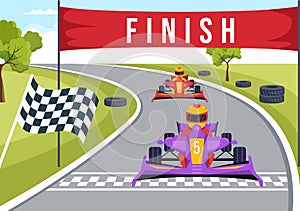 Karting Sport with Racing Game Go Kart or Mini Car on Small Circuit Track in Flat Cartoon Hand Drawn Template Illustration