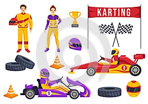 Karting Sport with Racing Game Go Kart or Mini Car on Small Circuit Track in Flat Cartoon Hand Drawn Template Illustration