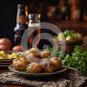 Kartoplia Na Pary Steamed Potatoes On Stone In Rustic Pub Ukrainian Dishes. Generative AI