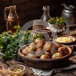 Kartoplia Na Pary Steamed Potatoes On Stone In Rustic Pub Ukrainian Dishes. Generative AI photo