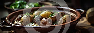 Kartoplia Na Pary Steamed Potatoes On Stone Rustic Pub Ukrainian Dishes Wide Panoramic. Generative AI photo