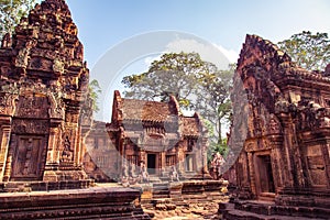 Karuda Bird Gardians Carvings at Banteay Srei Red Sandstone Temple, Cambodia