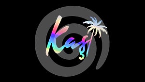 Kas. Multicolor gradient bright contrast inscription, palm tree. Transparent Alpha channel