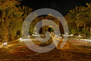 Kasbah-Hotel Chergui. Pool and garden of a maroccan kasbah hotel at night, Maroc, Africa