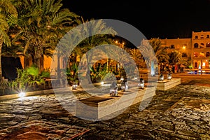 Kasbah-Hotel Chergui. Pool and garden of a maroccan kasbah hotel at night, Maroc, Africa