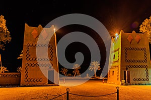 Kasbah-Hotel Chergui. Pool and garden of a maroccan kasbah hotel at night, Maroc, Africa