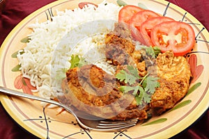 Kashmiri chicken with rice tomato and fork photo