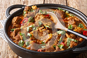 Kashmiri Lamb rogan josh with spices and gravy close-up in a pan. horizontal