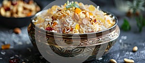 Kashmiri modur pulao in a silver bowl photo