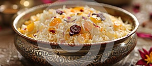 Kashmiri modur pulao: sweet rice dish in ornate bowl photo