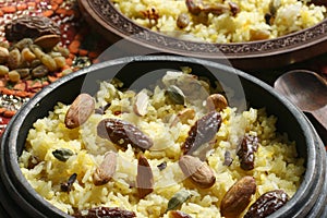 Kashmiri modur pulao is sweetened rice from India photo