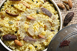 Kashmiri modur pulao is sweetened rice from India photo