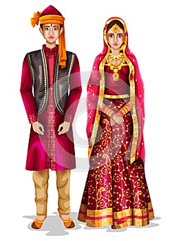 Kashmiri wedding couple in traditional costume of Jammu and Kashmir, India photo