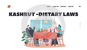 Kashrut Dietary Laws Landing Page Template. Traditional Jewish Family Mother, Granny, Grandpa and Kid Having Dinner