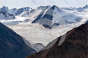 The Kaskawulsh Glacier flows from the mountains in Kluane National Park, Yukon, Canada